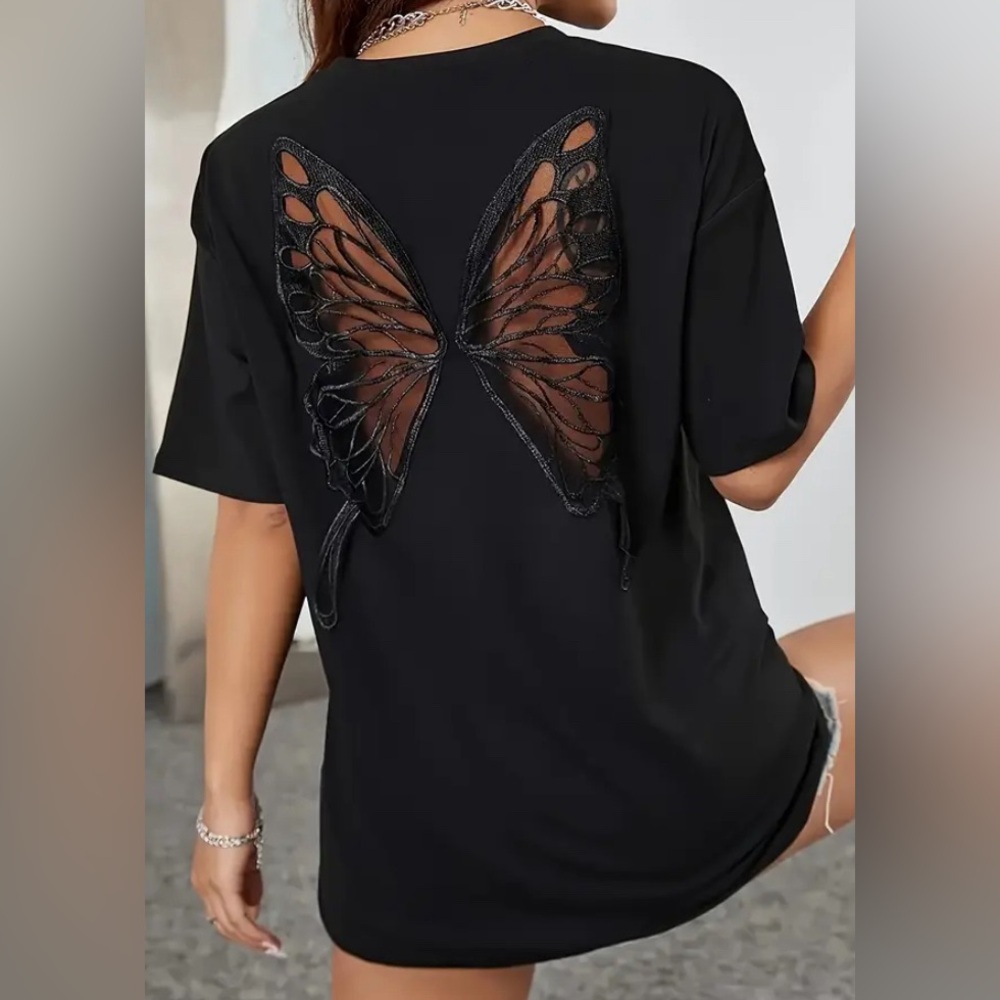 😍 Butterfly Wing Mesh Cutout Sheer Back Peekaboo Oversized Top Fairycore T Shirt
